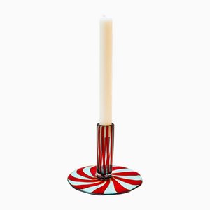 Murano Glass Red and Blue Swirl Ribbon Design Candlestick, 1970s