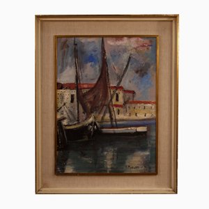 Artista italiano, Vista al puerto con barcos, 1970, óleo sobre cartón, enmarcado