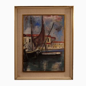 Italian Artist, Harbor View with Boats, 1970, Oil on Cardboard, Framed