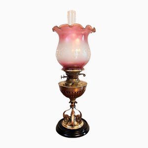 Lámpara de mesa de aceite Arts and Crafts antigua de latón y cobre, década de 1900