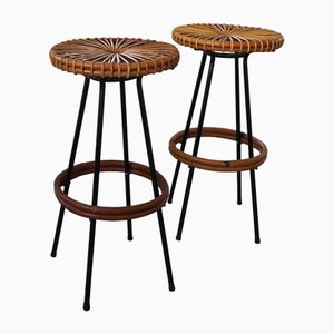 Grands Tabourets de Bar Mid-Century en Métal et Rotin par Dirk Van Sliedregt pour Rohé Noordwolde, 1950s, Set de 2