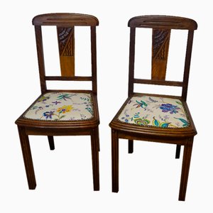 Art Deco Dining Chairs in Wood and Studded Fabric, Set of 2