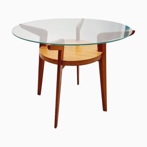 Small Mid-Century Round Oak & Glass Table from Jitona Sobeslav, Czechia, 1950s