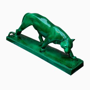 Large Art Deco Panther Sculpture in Green Earthenware by Irénée Rochard, 1930s