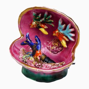 Petite Veilleuse en Forme de Coquillage avec Poisson Multicolore en Faïence, 1950s