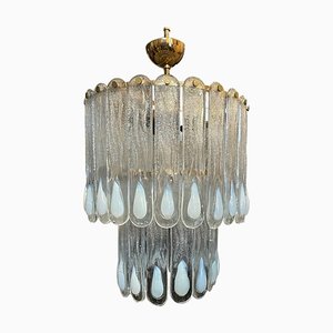 Opalescent Murano Glass and Gilded Metal Cascade Chandelier attributed to Mazzega, 1970s