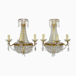 Large 3-Light Hot Air Balloon Wall Lights in Brass and Glass Pendants, 1960s, Set of 2