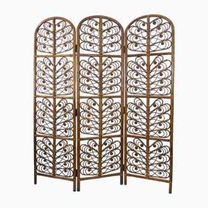 Vintage Peacock Rattan Screen with 3 Shutters, 1970s