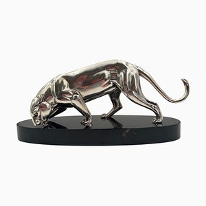 Französischer Künstler, Art Deco Panther Skulptur, 1930, Versilbertes Zinn