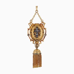 French 18 Karat Yellow Gold Tassel Pendant with Diamonds and Enamel