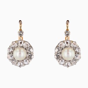 French 18 Karat Rose Gold Lever-Back Earrings with Fine Pearl & Diamonds, 1890s, Set of 2