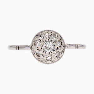 French 18 Karat Round White Gold Platinum Ring with Diamonds, 1930s