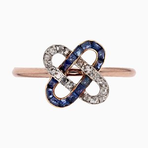 French Art Deco 18 Karat Rose Gold Staple Ring with Sapphires & Diamonds, 1920s