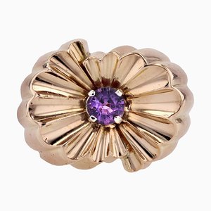 French 18 Karat Yellow Gold Gadrooned Tank Ring with Natural Purple Sapphire, 1950s