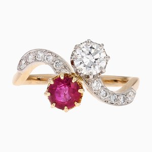 18 Karat Gelbgold Ring mit Rubin und Diamanten, 1960er