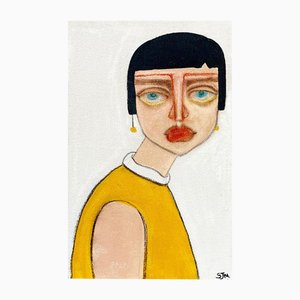 Samantha Millington, gilet giallo. 2024, Acrilico e pastello su tela
