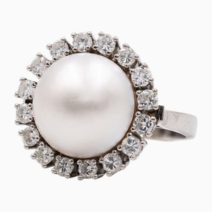 Vintage 14k White Gold Ring with Mabè Pearl and Diamonds, 1960s