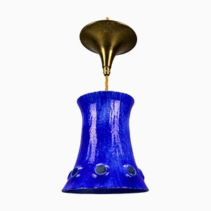 Lámpara colgante Mid-Century moderna de hierro esmaltado en azul, años 60