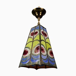 Mid-Century Blue, Yellow and Red Stained Glass Pendant Light, 1970s