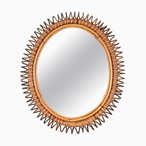 French Riviera Oval Mirror in Spiral Rattan, Wicker and Bamboo, Italy, 1960s