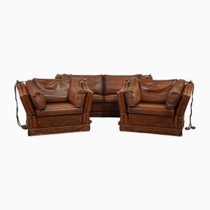 Cognac Cow Leather Castle Sofa and Armchairs, Set of 3