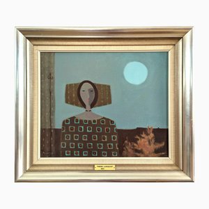 Retrato a la luz de la luna, pintura al óleo, años 50, enmarcado