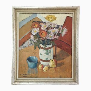 Delicias de mesa, pintura al óleo, años 50, enmarcado