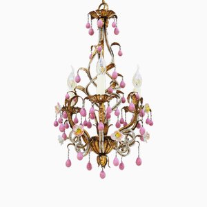 Maison Bagues Style Chandelier with Porcelain Roses and Pink Drops, 1960