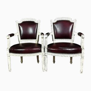 Louis XVI Cabriolet Armchairs in Lacquered Wood and Leather, Set of 2