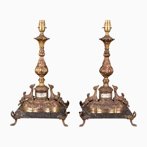 Antique French Table Lamp Bases in Gilt Metal & Marble, 1890s, Set of 2