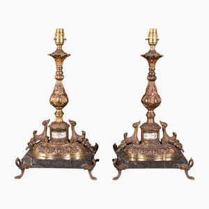 Bases de lámpara de mesa francesas antiguas de metal dorado y mármol, década de 1890. Juego de 2