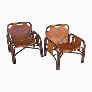 Set of Armchairs in Leather & Bamboo by Tito Agnoli, 1960s