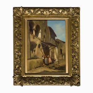 Enrico Coleman, Village Scene, década de 1800, óleo sobre papel, enmarcado