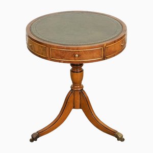 Vintage Yew Wood Drum Side Table with Green Leather Top