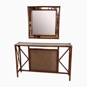 Table Console et Miroir Vintage en Bambou et Rotin, 1960s, Set de 2