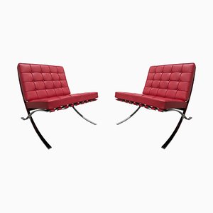 Bauhaus Red Barcelona Lounge Chair by Ludwig Mies Van Der Rohe for Knoll, 1972, Set of 2