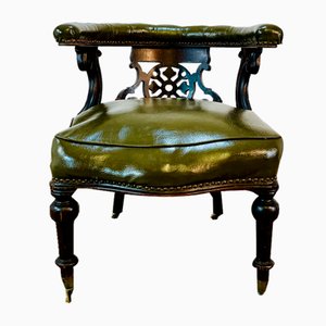 Antique English Green Leather Library Armchair