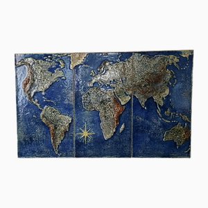 Plaques Murales N° 7816 Carte du Monde en Céramique sur Bois par Karl Heinz Feisst pour Karlsruher Majolika, Set de 3