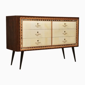 Italian Art Deco Walnut, Goat Skin and Brass Chest of Drawers, 1950
