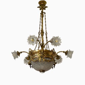 Art Nouveau Chandelier with 9 Lights in Brass and Crystals, Italy, 1920s