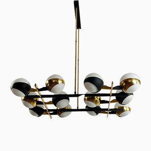 Mid-Century Italian Chandelier with 12 Glass and Brass Globes from Stilnovo, 1950s