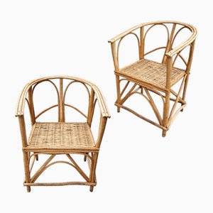 Fauteuils Mid-Century en Bois et Osier, Espagne, Set de 2