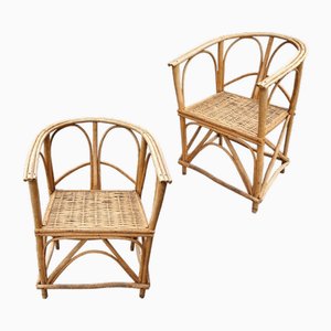 Spanische Mid-Century Armlehnstühle aus Holz & Korbgeflecht, 2er Set