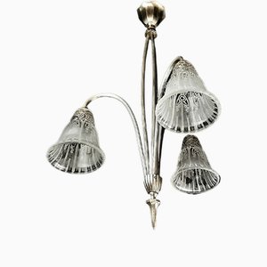 Art Deco French Chandelier in Bronze and Nickel Plating by A. Boyreau, 1920s