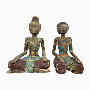 Statuette in legno intagliato, Indonesia, set di 2