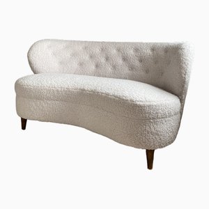 Curved Loveseat Easy Sofa in White Teddy by Carl-Johan Boman for Boman Ab Finland, 1940s