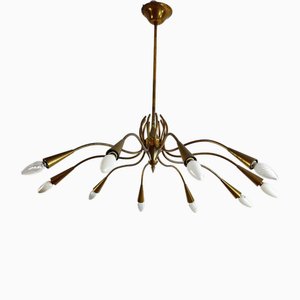 Mid-Century Brass 10-Light Chandelier in the style of Oscar Torlasco, 1960s