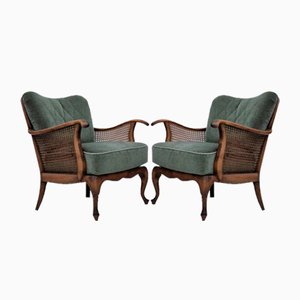 Danish Armchairs in Velour, Ash and Furniture Mesh, 1950s, Set of 2