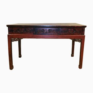 Chinese Chippendale Style Red Lacquered Console Table with 3 Drawers, Late 19th Century