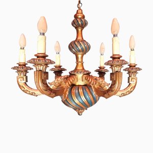 19th Century French Napoleon III Style Hand-Carved and Gilt Painted 6-Light Wooden Chandelier